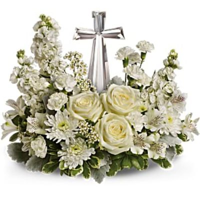 <div id="mark-3" class="m-pdp-tabs-marketing-description">An elegant display of faith and divine peace, this beautiful arrangement will comfort the bereaved in a truly thoughtful and respectful way. An exquisite crystal cross is surrounded by a bed of lovely blossoms. It is sure to be appreciated and always remembered.</div>
<div id="desc-3">
<ul>
<li>A fragrant mix of pure white blooms - including roses, alstroemeria, stock, carnations and waxflower - is accented with dusty miller and variegated pittosporum around an exclusive Crystal Cross keepsake</li>
</ul>
</div>