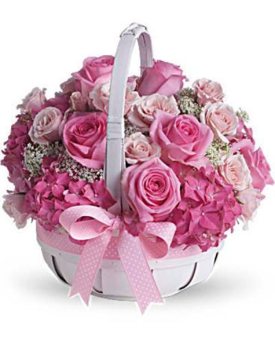 <div id="mark-3" class="m-pdp-tabs-marketing-description">This wonderful bunch of flowers is arranged in a cute as a button basket. Guaranteed to delight, send them this great basket for oodles of smiles!</div>
<div id="desc-3">
<ul>
<li>Pink roses and hydrangea are interspersed with delicate Queen Anne's lace in a white handled basket.</li>
<li>Trimmed with polka-dotted pink grosgrain ribbon.</li>
</ul>
</div>