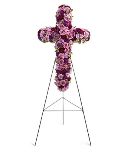 <div id="mark-1" class="m-pdp-tabs-marketing-description">A breathtaking standing cross of majestic purple and lavender blooms remembers and honors the departed with a meaningful and moving expression of faith, admiration and divine love.</div>
<div id="desc-1">
<ul>
 	<li>Gorgeous blooms such as lavender roses and carnations, and chrysanthemums of lavender and deep purple create a religious display ideal for a funeral or memorial service.</li>
</ul>
</div>