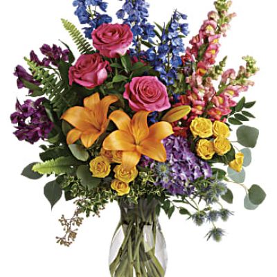 <div id="mark-3" class="m-pdp-tabs-marketing-description">A rainbow of beauty for any occasion. Purple hydrangea, pink roses and orange lilies positively pop in this bright bouquet, featuring all the colors of the rainbow.</div>
<div id="desc-3">
<ul>
<li>This colorful bouquet includes purple hydrangea, pink roses, yellow spray roses, orange asiatic lilies, purple alstroemeria, blue delphinium, pink snapdragons, blue eryngium, huckleberry, oregonia, Israeli ruscus, sword fern, silver dollar eucalyptus, seeded eucalyptus, and lemon leaf.</li>
</ul>
</div>