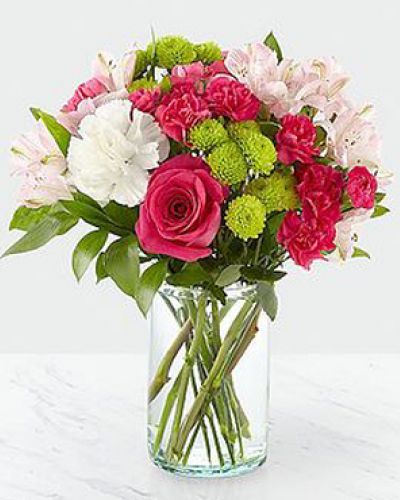 The true beauty of this bouquet is within the sweet colors of the flowers. An array of hot pink roses, pale pink alstroemeria and more are set in a glass cylinder vase, making a wonderful gift to light up the face of its recipient. GOOD bouquet 14H x 14W.
STANDARD
C Quantity Color Description
2 Hot Pink 50 cm Standard Rose
2 Pink Alstroemeria
3 White Standard Carnation
2 Green Button Pom
2 Hot Pink Miniature Carnation
2 Green Green - Israeli Ruscus

DELUXE

C Quantity Color Description
4 Hot Pink 50 cm Standard Rose
4 Pink Alstroemeria
4 White Standard Carnation
3 Green Button Pom
4 Hot Pink Miniature Carnation
2 Green Green - Israeli Ruscus

PREMIUM
C Quantity Color Description
8 Hot Pink 50 cm Standard Rose
5 Pink Alstroemeria
6 White Standard Carnation
4 Green Button Pom
5 Hot Pink Miniature Carnation
2 Green Green - Israeli Ruscus