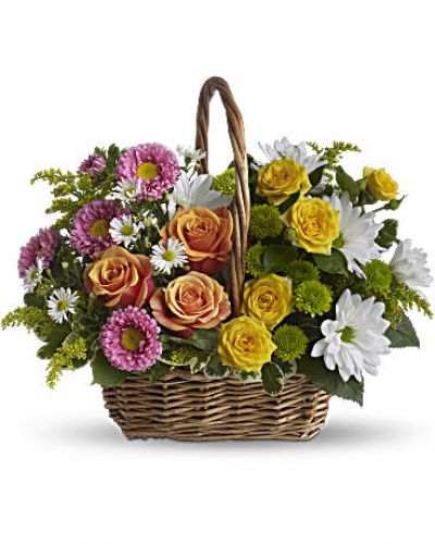 <p>A rainbow in a basket! This cheerful array of colorful blooms is a versatile pick for any occasion, presented in a handled basket that can be moved from room to room as the mood strikes. The perfect gift to cheer up a special someone when they need a smile.<br />
Presented in a handled basket, this colorful arrangement includes orange and yellow roses, pink matsumoto asters, white daisies, green button mums, white monte cassino asters, delicate solidago and fresh greens such as salal and variegated pittosporum.</p>
