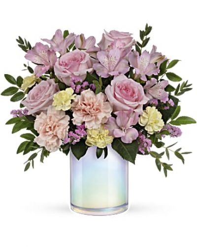 <div id="mark-3" class="m-pdp-tabs-marketing-description">Fresh as a spring breeze, this whimsical, blush-hued bouquet is presented in a white glass cylinder with magical pearlescent finish.</div>
<p>&nbsp;</p>
<div id="desc-3">Blush roses, pink alstroemeria, pink carnations, miniature light yellow carnations and pink sinuata statice are arranged with huckleberry and parvifolia eucalyptus.</div>