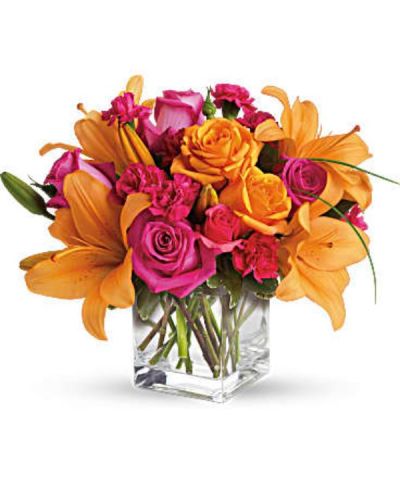 <div id="mark-3" class="m-pdp-tabs-marketing-description">Tres chic! Send that special someone a stylish sentiment with the bright colors of this modern arrangement. Summery hot pinks and oranges are contrasted by the cool clarity of a simple cube vase. An eye-catching everyday choice!</div>
<div id="desc-3">
<ul>
<li>Orange asiatic lilies, hot pink and light orange roses, miniature red carnations and a bit of understated greenery.</li>
<li>Delivered in a clear glass cube vase.</li>
</ul>
</div>