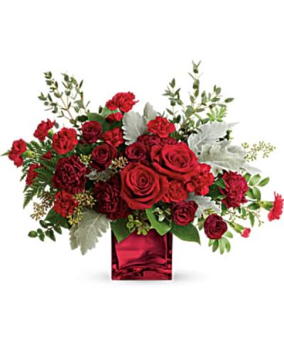 <div id="mark-3" class="m-pdp-tabs-marketing-description">When you truly want to take their breath away, send this mesmerizing rose bouquet. Its artistic, organic design, luxurious blooms, and shimmering cube vase set it apart from the rest!</div>
&nbsp;
<div id="desc-3">
<ul>
 	<li>This dramatic bouquet features red roses, dark red spray roses, maroon carnations, red miniature carnations, dusty miller, leatherleaf fern, huckleberry, seeded eucalyptus, lemon leaf, and parvifolia eucalyptus.</li>
</ul>
</div>