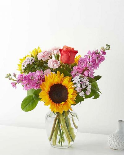 <p>Transport her to the Land of Oz with this enchanting mix of sunflowers, Sweet William dianthus, and mini carnations.</p>