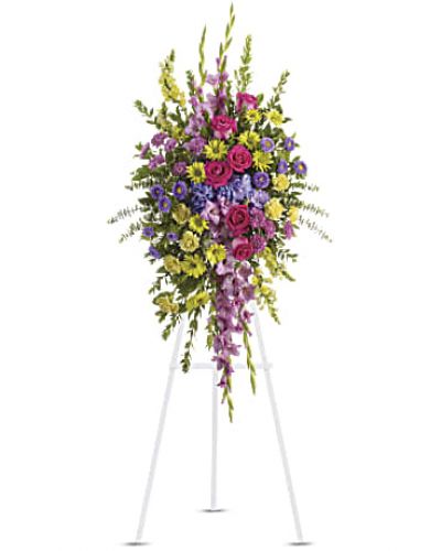<div id="mark-1" class="m-pdp-tabs-marketing-description">This bright spray of purple, lavender, pink and yellow flowers is a thoughtful way to celebrate a beautiful life.</div>
<div id="desc-1">
<ul>
 	<li>Vibrant blossoms such as purple hydrangea and asters, lavender chrysanthemums and gladioli, plus pink roses, yellow carnations, snapdragons and chrysanthemums.</li>
</ul>
</div>
