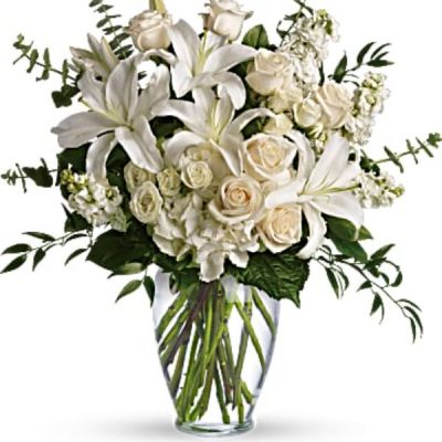 <div id="mark-3" class="m-pdp-tabs-marketing-description">A dreamy bouquet of white sympathy flowers is a comforting reminder of your love. The lush arrangement of soft colors is delivered in a majestic, tall glass vase.</div>
<div id="desc-3">
<ul>
<li>This gorgeous bouquet overflows with white hydrangea, crème roses, white spray roses, white oriental lilies, white stock, spiral eucalyptus, salal and Italian ruscus in a classic glass vase.</li>
</ul>
</div>